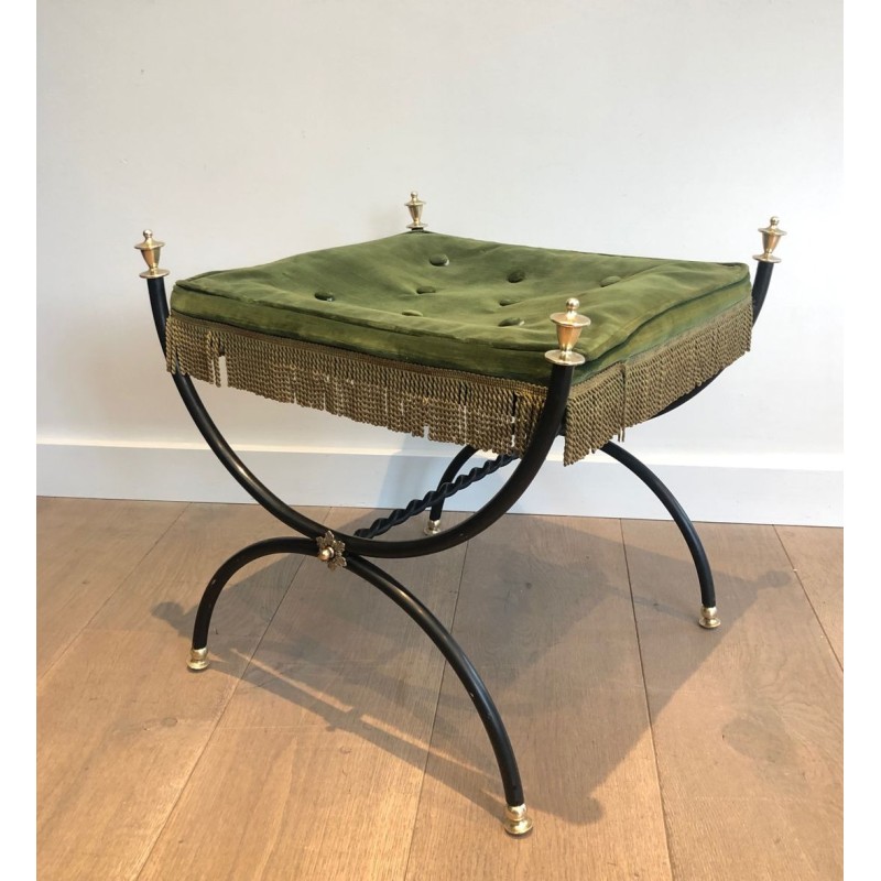 Tabouret de Style Néoclassique en Métal Laqué Noir, Laiton et Velours