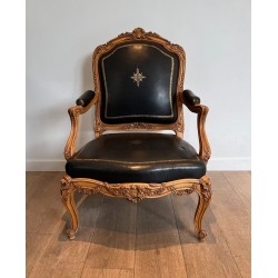 Fauteuil à la Reine Carved Walnut Gold-Tooled Leather Louis XV French 1950