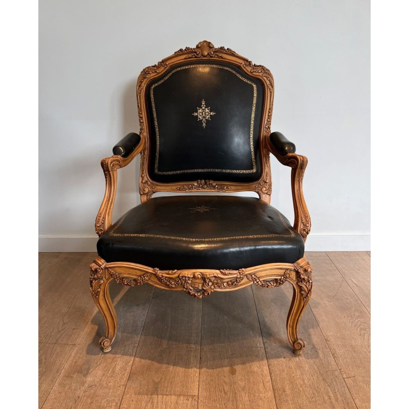 Fauteuil à la Reine Carved Walnut Gold-Tooled Leather Louis XV French 1950