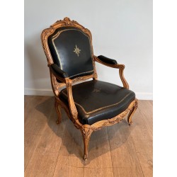 Fauteuil à la Reine Carved Walnut Gold-Tooled Leather Louis XV French 1950