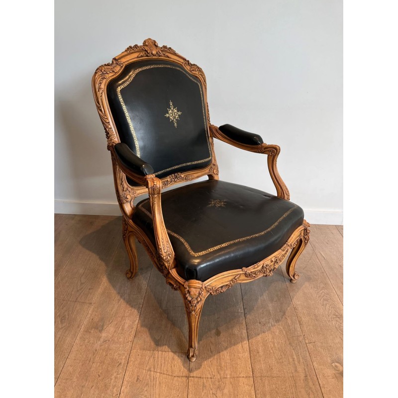Fauteuil à la Reine Carved Walnut Gold-Tooled Leather Louis XV French 1950