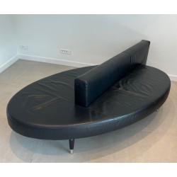 Rare Oval Black Leather Sofa Chrome Legs Mid-Century Modern French circa 1970