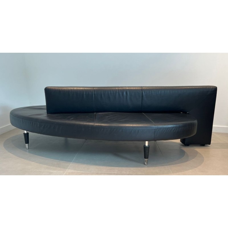 Rare Oval Black Leather Sofa Chrome Legs Mid-Century Modern French circa 1970