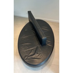 Rare Canapé Oval Cuir Noir Pieds Chromés Mid-Century Modern France 1970