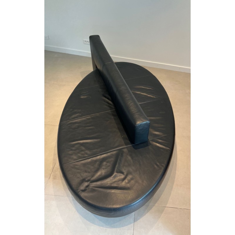 Rare Canapé Oval Cuir Noir Pieds Chromés Mid-Century Modern France 1970