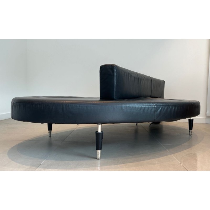 Rare Canapé Oval Cuir Noir Pieds Chromés Mid-Century Modern France 1970