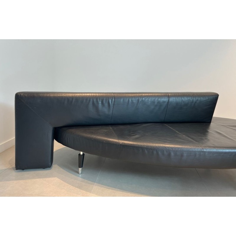 Rare Canapé Oval Cuir Noir Pieds Chromés Mid-Century Modern France 1970