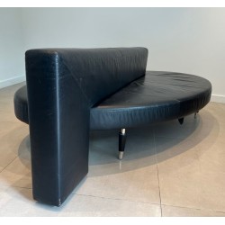 Rare Oval Black Leather Sofa Chrome Legs Mid-Century Modern French circa 1970