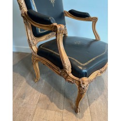 Fauteuil à la Reine Carved Walnut Gold-Tooled Leather Louis XV French 1950