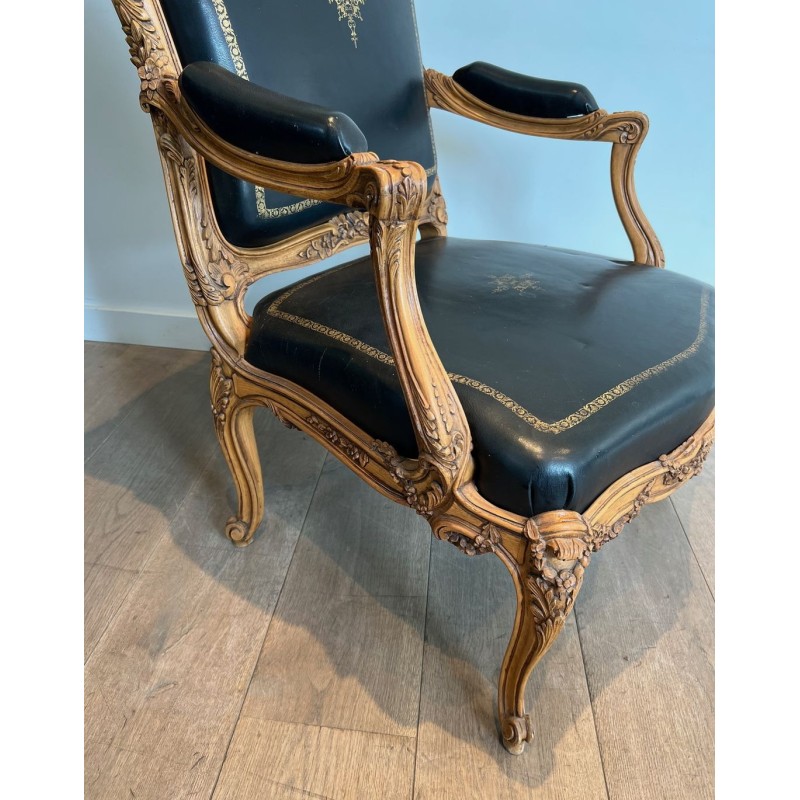 Fauteuil à la Reine Carved Walnut Gold-Tooled Leather Louis XV French 1950