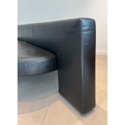 Rare Canapé Oval Cuir Noir Pieds Chromés Mid-Century Modern France 1970