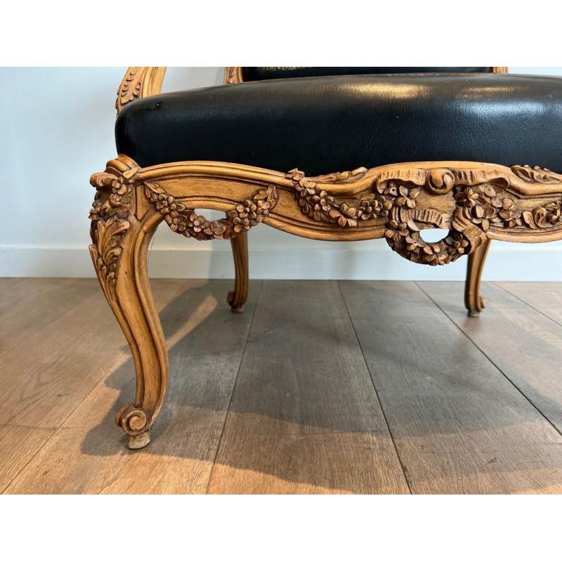 Fauteuil à la Reine Carved Walnut Gold-Tooled Leather Louis XV French 1950