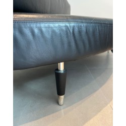 Rare Oval Black Leather Sofa Chrome Legs Mid-Century Modern French circa 1970