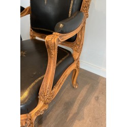 Fauteuil à la Reine Carved Walnut Gold-Tooled Leather Louis XV French 1950