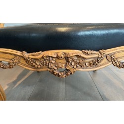 Fauteuil à la Reine Carved Walnut Gold-Tooled Leather Louis XV French 1950