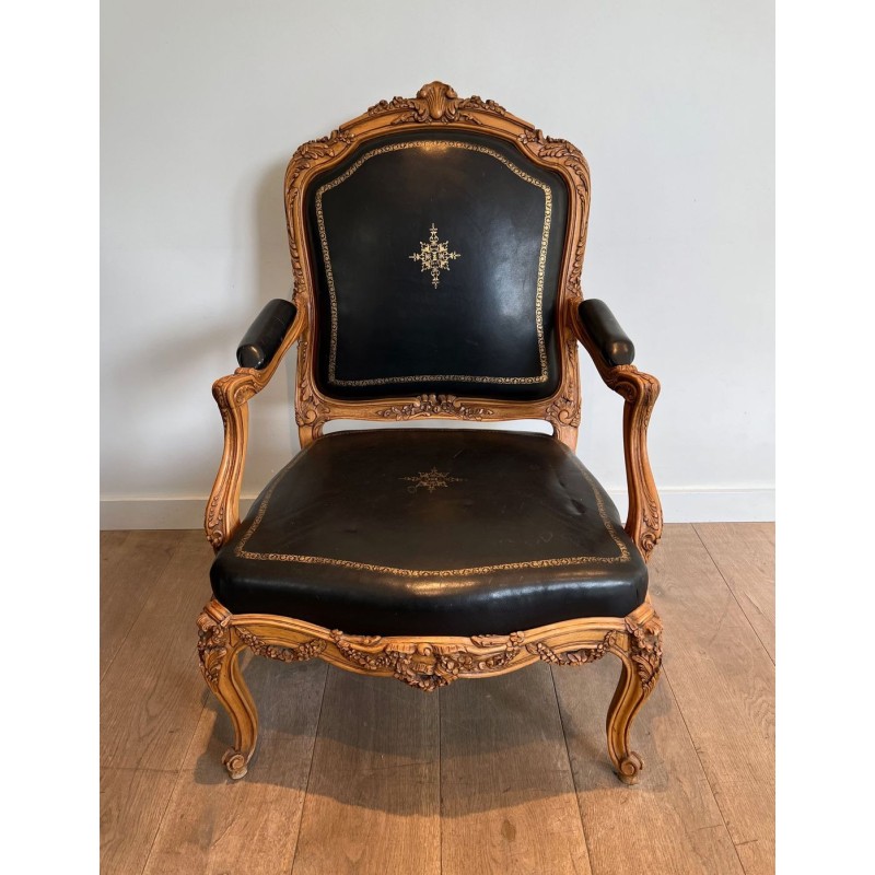 Fauteuil à la Reine Carved Walnut Gold-Tooled Leather Louis XV French 1950