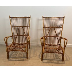 Pair Tall Design Rattan Armchairs Mid-Century Modern French circa 1950