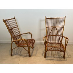 Paire Hauts Fauteuils Rotin Mid-Century Modern France 1950