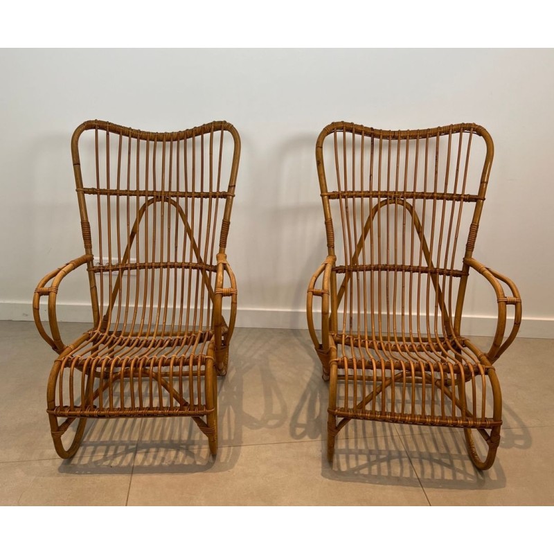 Paire Fauteuils Rotin Mid-Century Modern France 1950