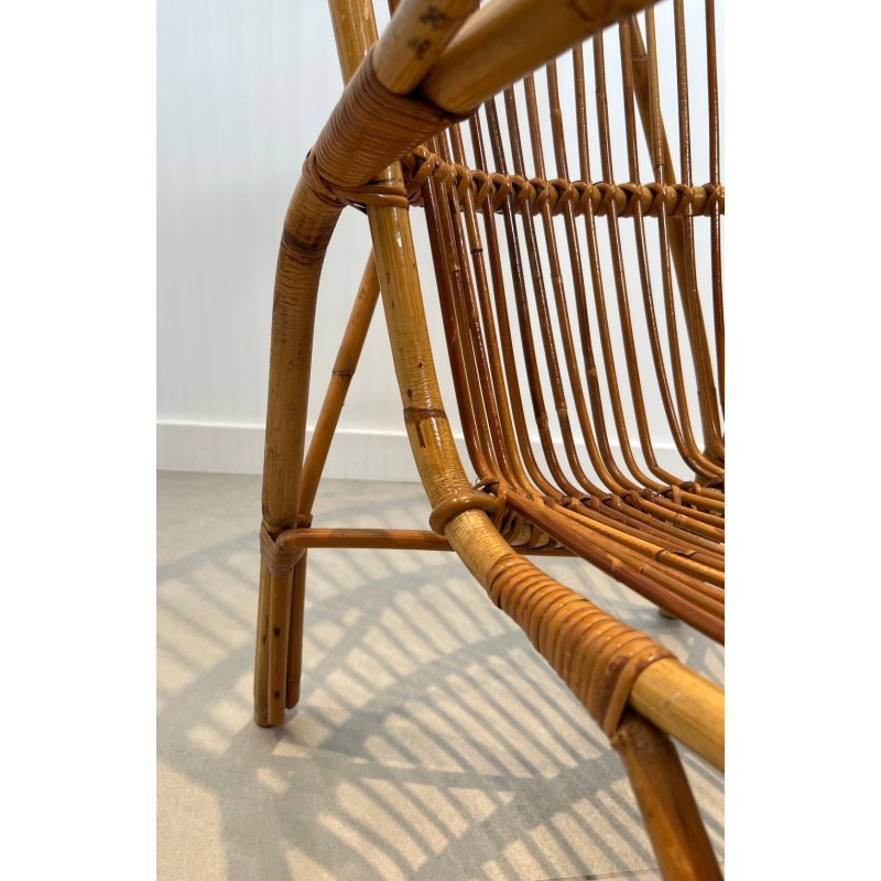 Pair Tall Design Rattan Armchairs Mid-Century Modern French circa 1950