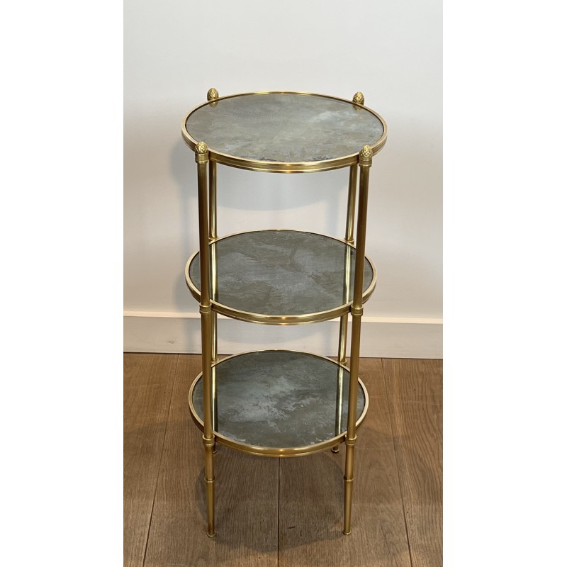 Sellette Ronde en Bronze à Triple Plateaux de Miroirs Eglomisés de la Maison Baguès