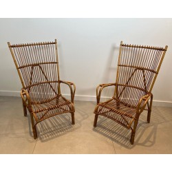 Pair Tall Design Rattan Armchairs Mid-Century Modern French circa 1950