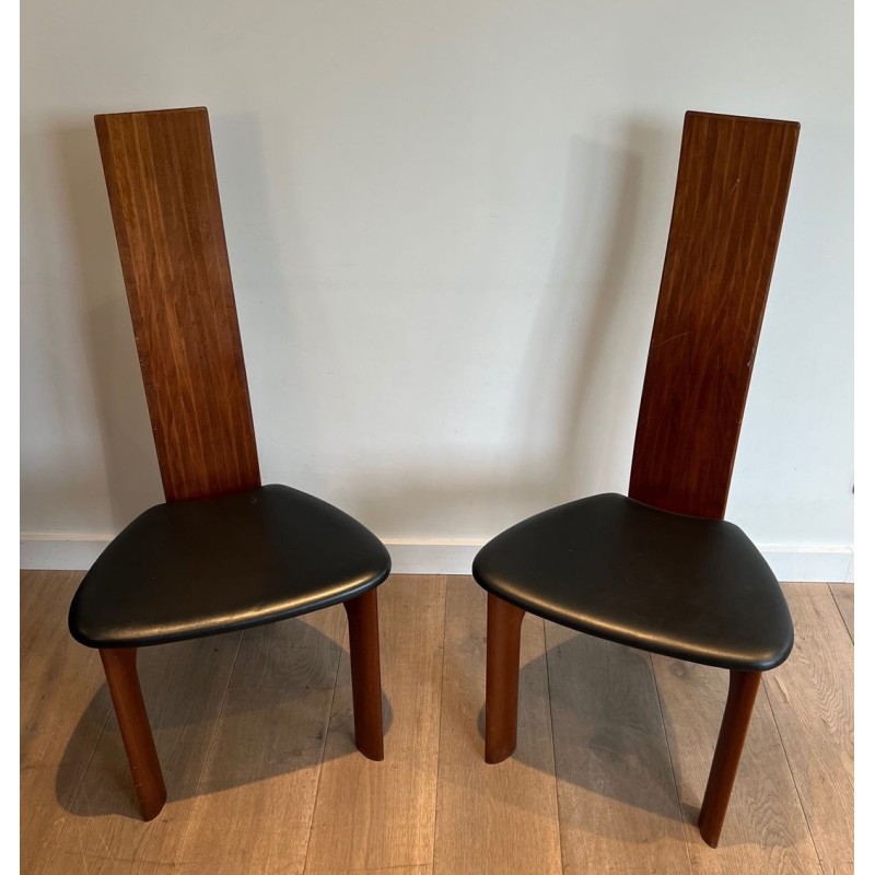 Pair High-Back Chairs Exotic Wood Black Leather Scandinavian 1970
