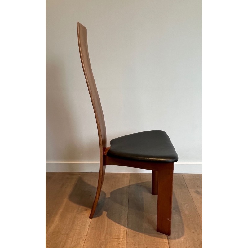 Paire Chaises Dossier Haut Bois Exotique Cuir Noir Scandinave 1970