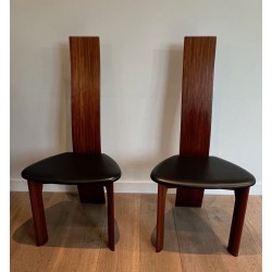 Paire Chaises Dossier Haut Bois Exotique Cuir Noir Scandinave 1970