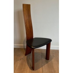 Paire Chaises Dossier Haut Bois Exotique Cuir Noir Scandinave 1970