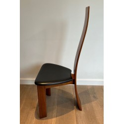 Paire Chaises Dossier Haut Bois Exotique Cuir Noir Scandinave 1970