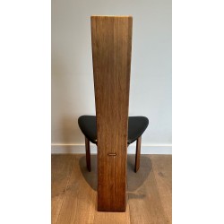 Pair High-Back Chairs Exotic Wood Black Leather Scandinavian 1970