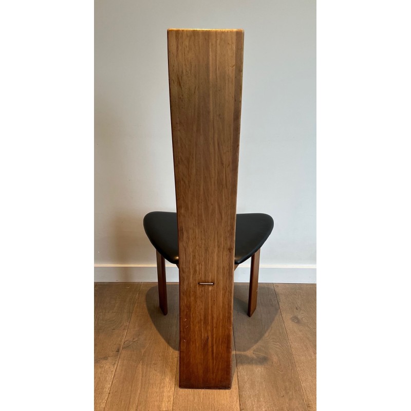 Pair High-Back Chairs Exotic Wood Black Leather Scandinavian 1970