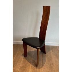 Paire Chaises Dossier Haut Bois Exotique Cuir Noir Scandinave 1970