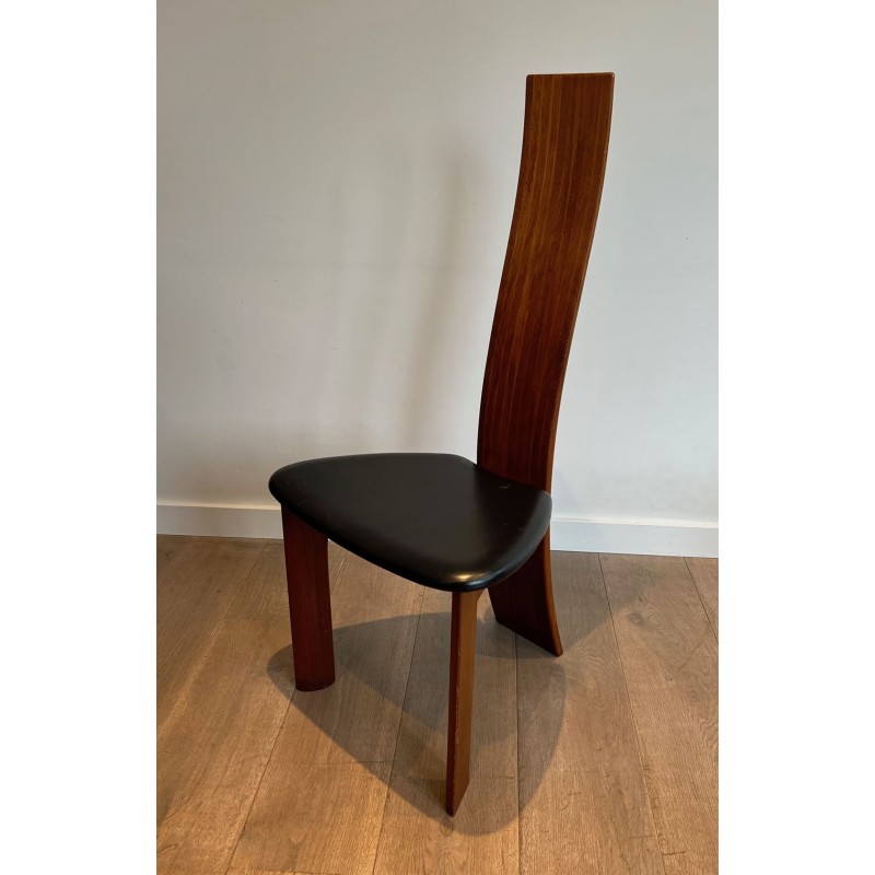 Paire Chaises Dossier Haut Bois Exotique Cuir Noir Scandinave 1970