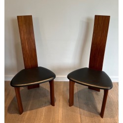 Paire Chaises Dossier Haut Bois Exotique Cuir Noir Scandinave 1970