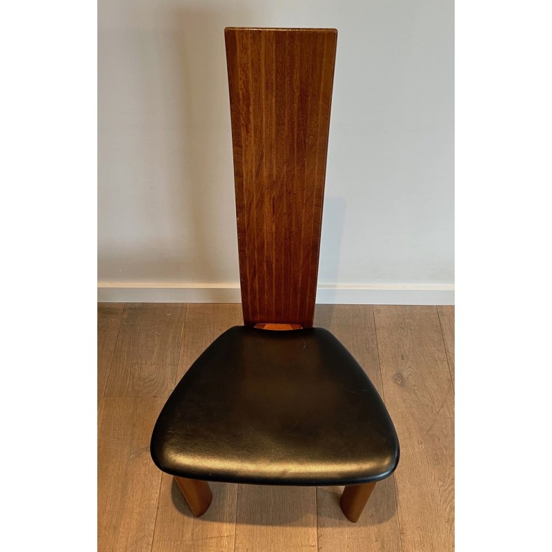 Paire Chaises Dossier Haut Bois Exotique Cuir Noir Scandinave 1970