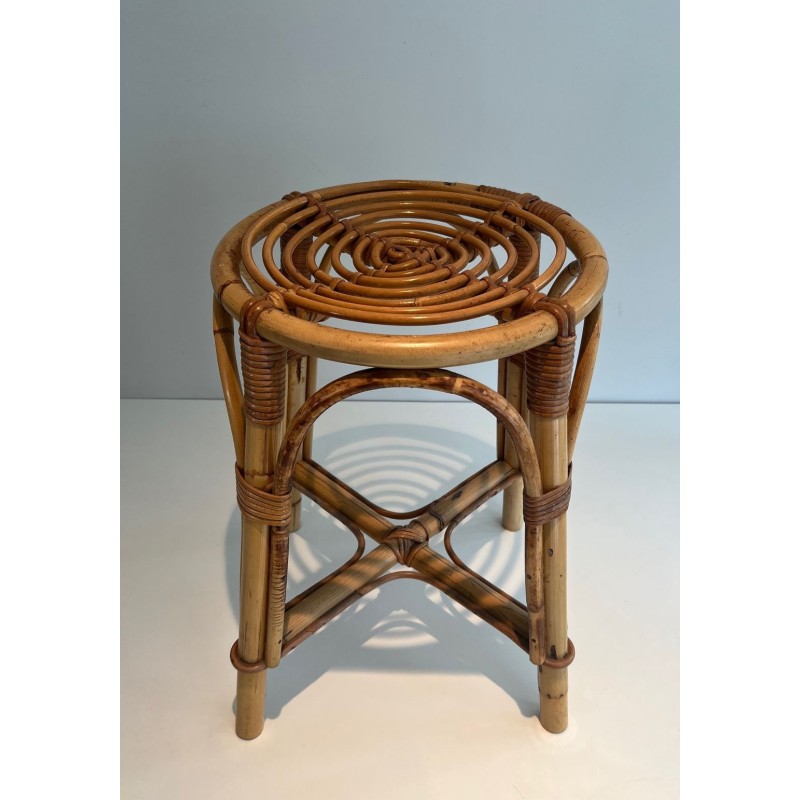Circular Rattan Drum Stool Mid-Century Modern French 1950