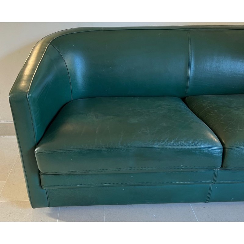 Art Déco Revival Dark Green Leather Sofa French 1980