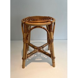 Circular Rattan Drum Stool Mid-Century Modern French 1950