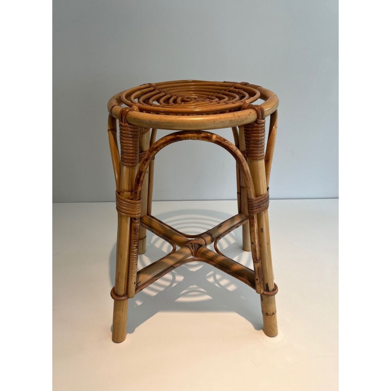 Pouf Tambour Rotin Mid-Century Modern Travail Français 1950