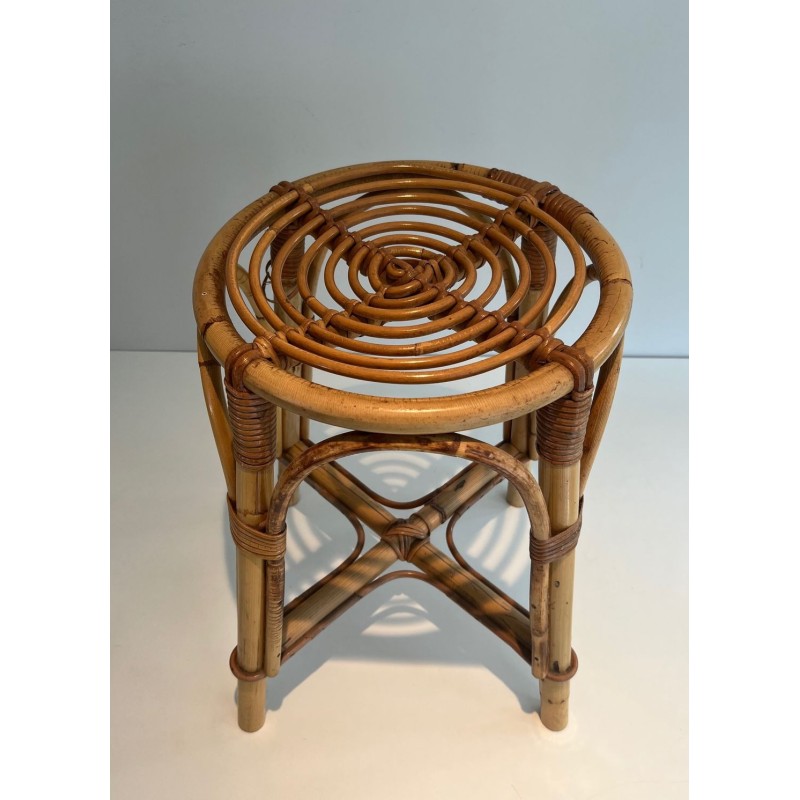 Circular Rattan Drum Stool Mid-Century Modern French 1950