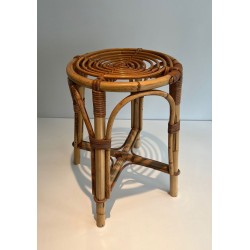 Circular Rattan Drum Stool Mid-Century Modern French 1950