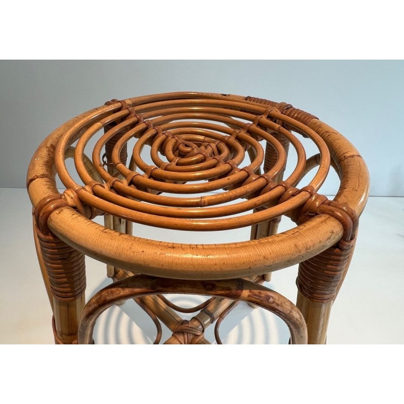 Pouf Tambour Rotin Mid-Century Modern Travail Français 1950