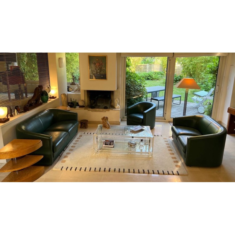 Art Déco Revival Dark Green Leather Sofa French 1980