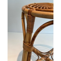 Circular Rattan Drum Stool Mid-Century Modern French 1950