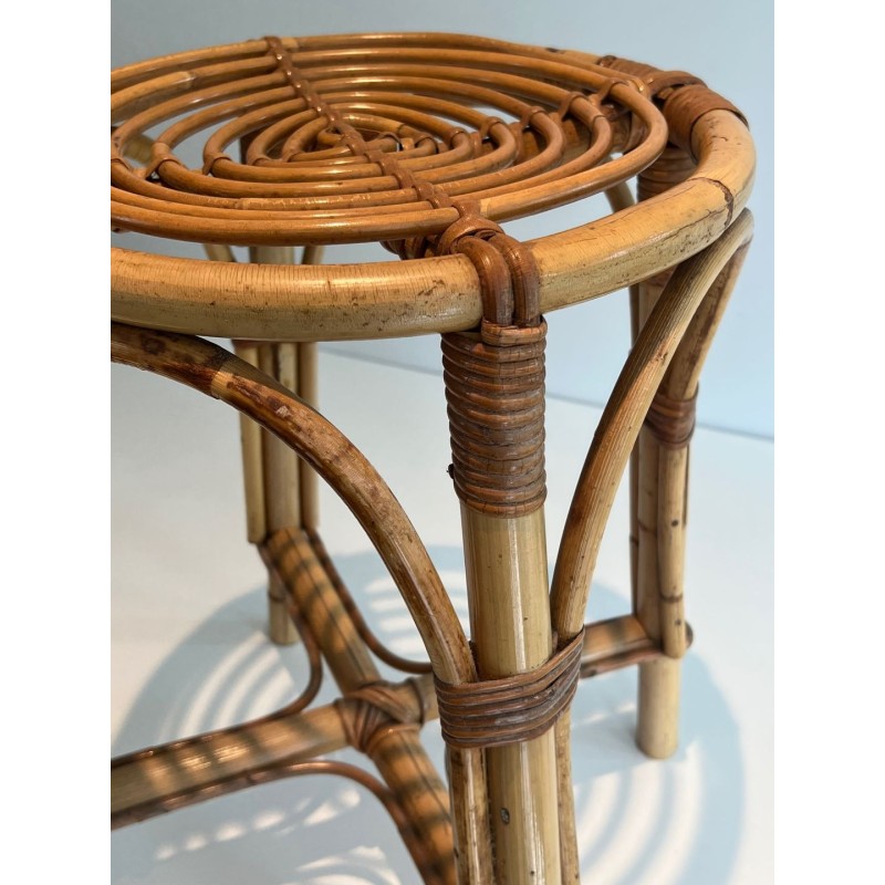 Circular Rattan Drum Stool Mid-Century Modern French 1950