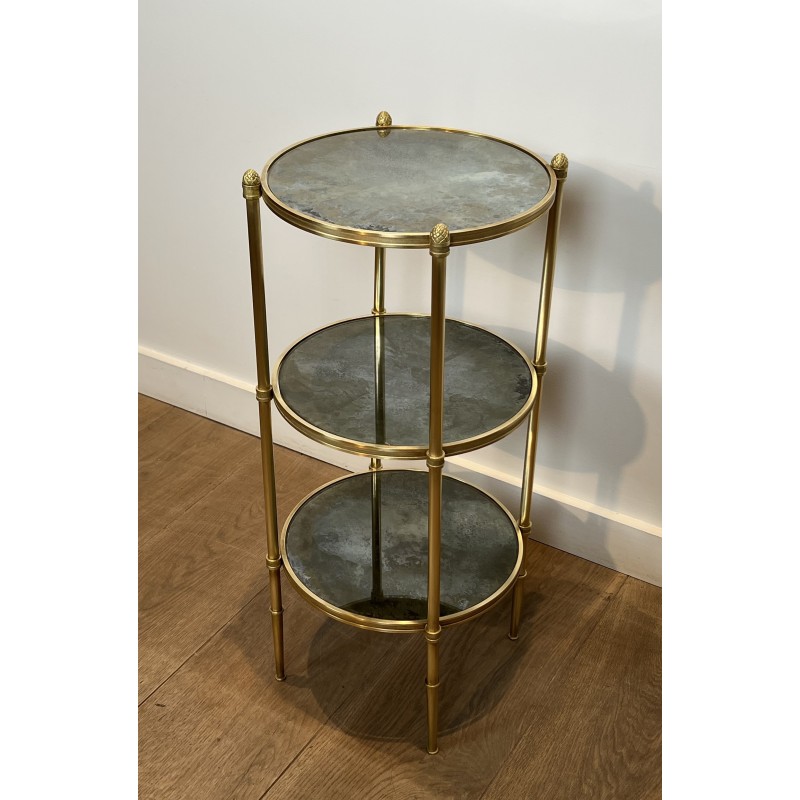 Sellette Ronde en Bronze à Triple Plateaux de Miroirs Eglomisés de la Maison Baguès