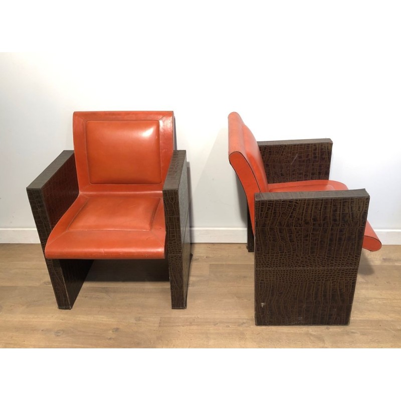 Suite Trois Fauteuils Cuir Brun Orange France 1970