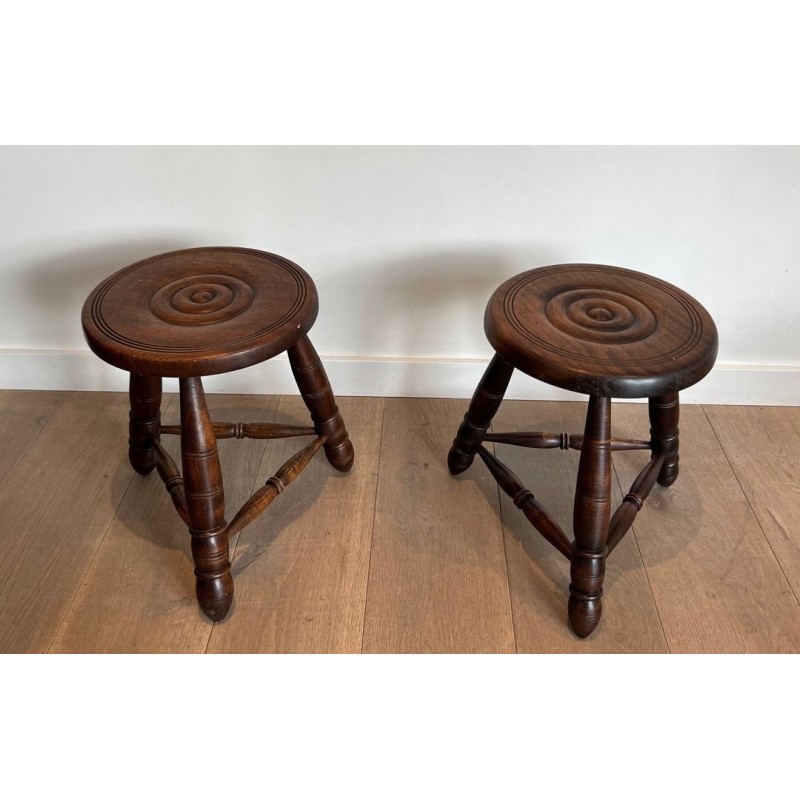 Pair Turned Wood Stools Attributed Dudouyt French 1950